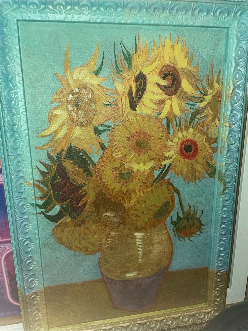 New Sunflower Still Life Painting in Decorative Frame - Yellow and Teal